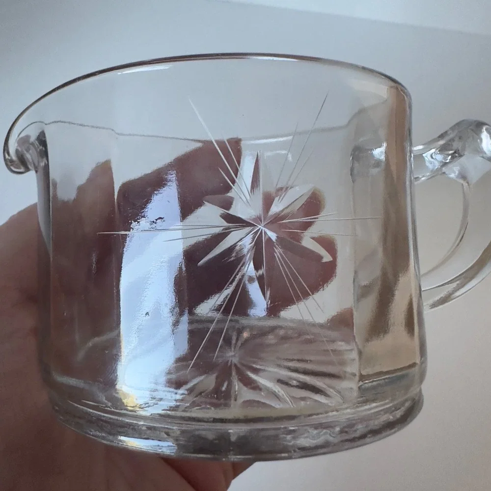 Vintage Clear Etched Glass Cream and Sugar Set Frosted Grape Starburst Base